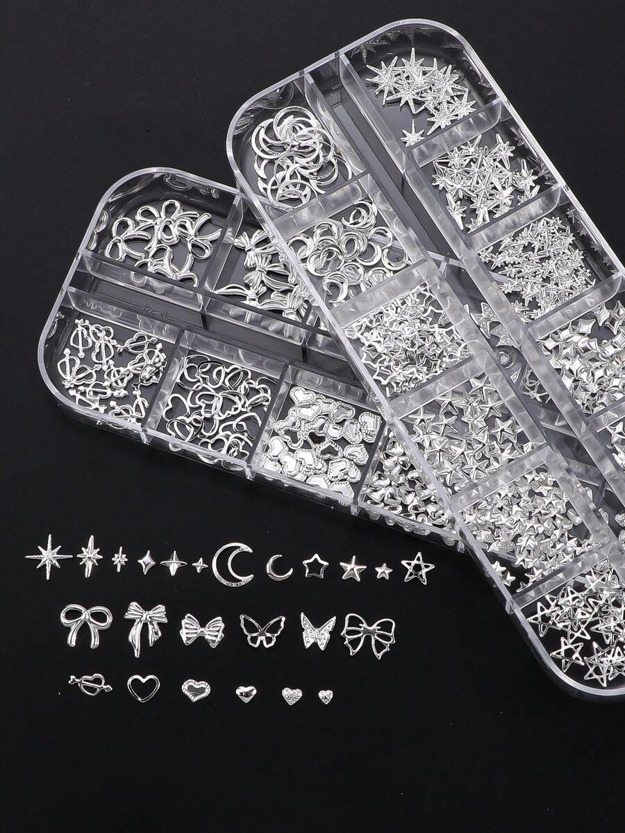 2盒美甲裝飾品，金色金屬鉚釘，鏤空愛心與蝴蝶結設計，月亮、星星，適用於DIY美甲裝飾與珠寶製作，打造日系美甲風格，含無香精美甲鉚釘配件 - 銀色 - 查看 1