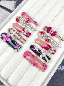 Bộ 10 móng tay giả cao cấp hình ống hút thuốc và đầu nhọn, có thể tái sử dụng, họa tiết vẽ tay - Hoa 3D, môi đỏ, bướm nhuộm tie-dye, điểm nhấn đá quý, bóng gel, thích hợp cho bé gái sử dụng hàng ngày, lễ hội, tiệc tùng, quà tặng sinh nhật, kèm bộ dụng cụ. - Màu Hồng Tươi - Xem 8