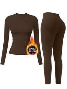 NcmRyu 1套女士保暖内衬弹力圆领长袖运动裤套装 - 咖啡棕 - 查看 1