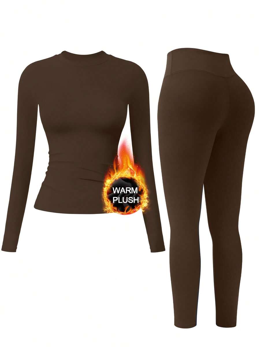 NcmRyu 1套女士保暖内衬弹力圆领长袖运动裤套装 - 咖啡棕 - 查看 1