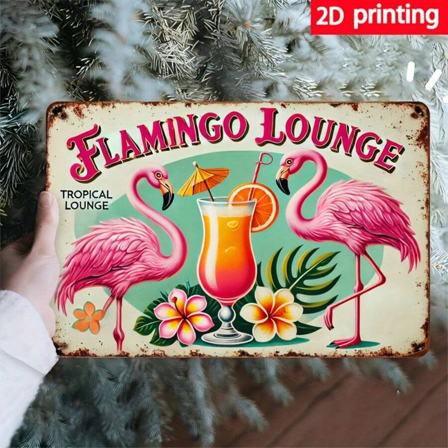 Arte de parede vintage plana 2D com flamingo - Elegância tropical. Placa de metal impressa em 2D, 20 x 30 cm - Design retrô de flamingo rosa e bar tiki com folhas de palmeira e flores de hibisco - Perfeita para decoração de casa, escritório, bar, café e garagem - Uso interno/externo, decoração com flamingo, ótima para decoração de ambientes, furos pré-perfurados, estilo conforme mostrado na imagem. - Multicolorido - Ver 1