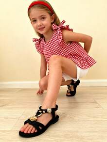 2024夏季新款女童金属花朵玫瑰搭扣软底凉鞋，黑色百搭露趾凉鞋，海滩度假及日常穿着必备，流行儿童时尚凉鞋，软底不磨脚，女童时尚凉鞋 - 黑色 - 查看 4