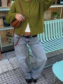 Knit Mix Elegant Women's French Loose Knit Cardigan, Christmas, Thanksgiving, New Year , Fashionable Long Sleeve Crew Neck Sweater, Casual Solid Color Cardigan For Autumn/Winter - Dark Green - View 3