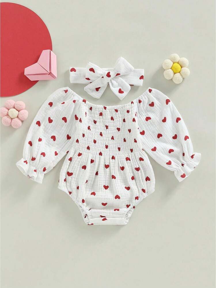 Mono de San Valentín para niñas pequeñas, con estampado de corazones, manga larga, cuello barco, monos para otoño e invierno con diadema - Blanco - Añade 1