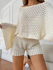 Sylvia 女士夏季镂空透视喇叭袖船领宽松透气针织上衣和短裤两件套，休闲性感风，适合日常通勤和简约海滩度假穿着 - 杏色 - 查看 3