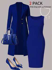 Bộ đồ 2 mảnh thanh lịch mới dành cho nữ cỡ lớn, màu trơn, tối giản, đa năng gồm áo khoác cardigan dài và váy midi ôm sát không tay, phù hợp cho công sở, mùa xuân/thu/đông. - Nhiều màu - Xem 1