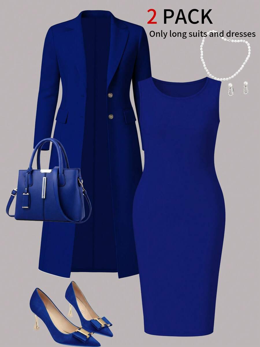 Bộ đồ 2 mảnh thanh lịch mới dành cho nữ cỡ lớn, màu trơn, tối giản, đa năng gồm áo khoác cardigan dài và váy midi ôm sát không tay, phù hợp cho công sở, mùa xuân/thu/đông. - Nhiều màu - Xem 1