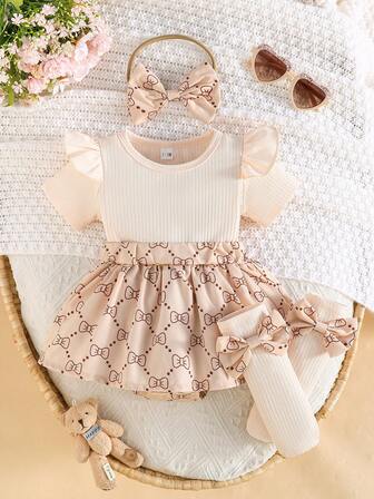 3 Stück/Set süßer Baby-Mädchen-Bodysuit mit Schleifenprint, Stirnband und Socken, Alltagsoutfit