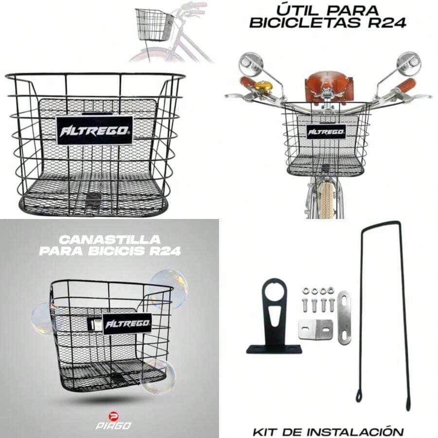Piago Canasta Canastilla para Bicicleta Acero R24 Incluye Soportes(R24 Negra) - Multicolor - Ver 1