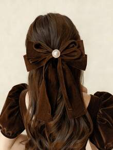 1个天鹅绒深棕色发夹，长蝴蝶结发夹，可爱蝴蝶发夹，马尾夹，鳄鱼夹，冬季女士发饰 - 咖啡 - 查看 4