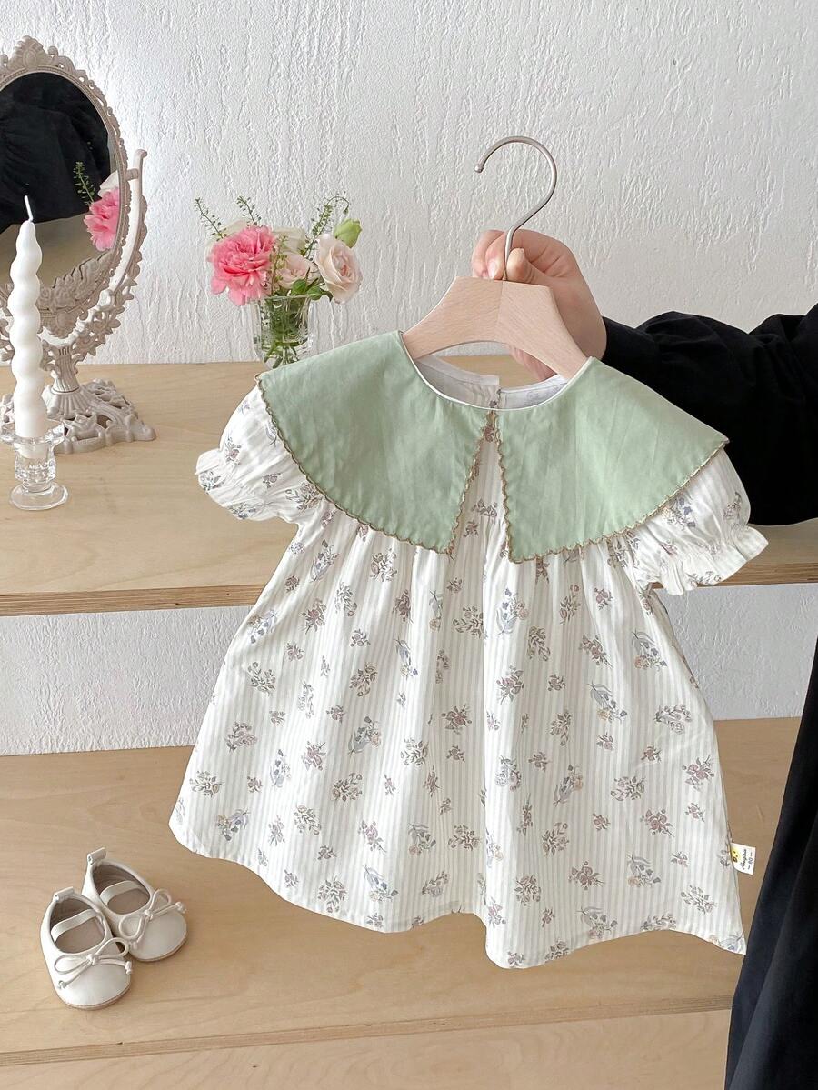女婴碎花高领荷叶边连衣裙，夏季 - 綠色 - 查看 1