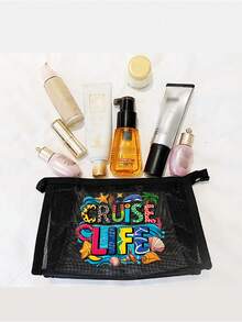 Large Capacity Mesh Bag Set, Printed With Colorful "Cruise Life" Text And Leopard Print, Decorated With Cute Beach Scene, Dolphin And Seashell On Wave Patterns, Mesh Beach Tote Bag, Mesh Cosmetic Storage Bag - Multicolor - View 7
