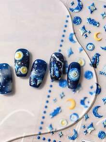 1张印象派星空3D美甲贴纸，美甲师必备，3D浮雕绘画设计，自粘式美甲贴，可重复使用DIY美甲贴纸，女士礼物，美甲用品，优雅配饰礼品 - 藍白色 - 查看 1