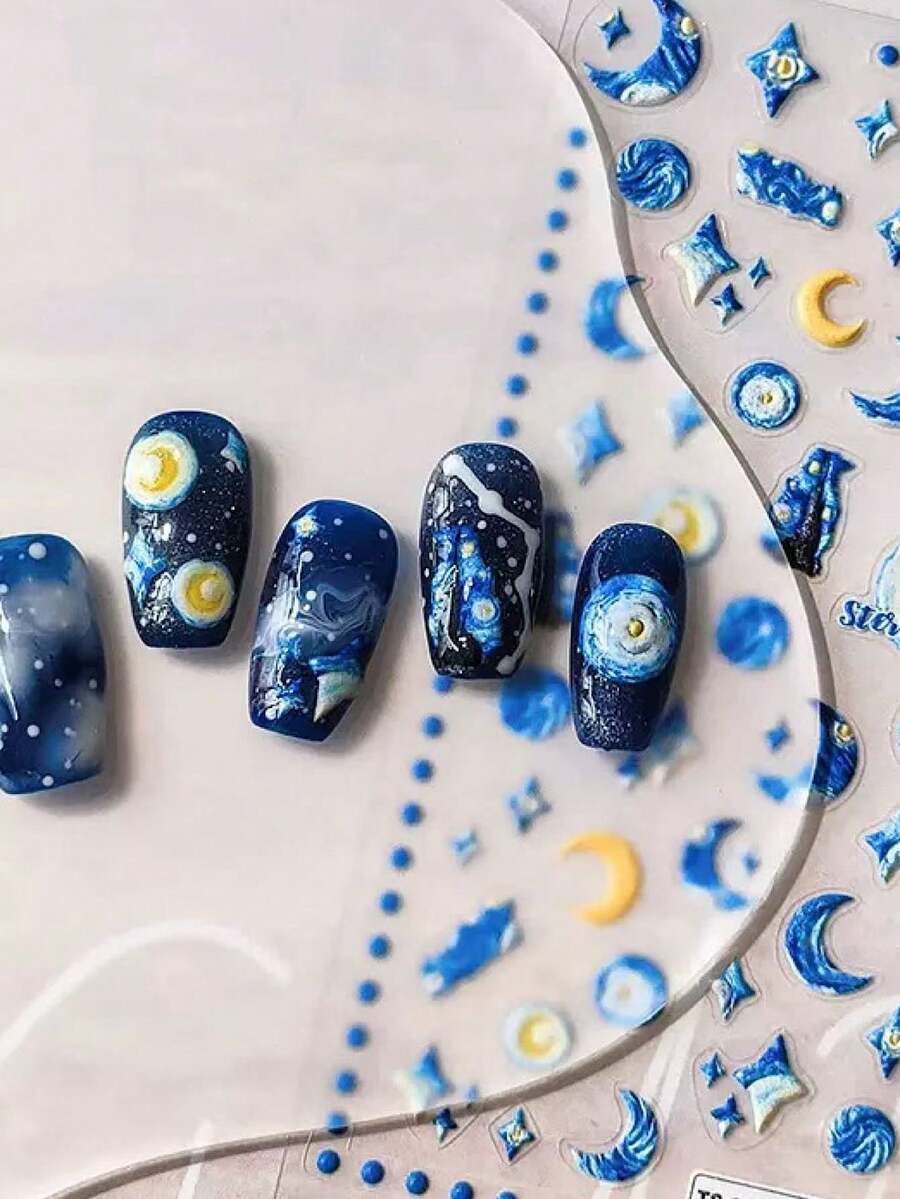 1张印象派星空3D美甲贴纸，美甲师必备，3D浮雕绘画设计，自粘式美甲贴，可重复使用DIY美甲贴纸，女士礼物，美甲用品，优雅配饰礼品 - 藍白色 - 查看 1