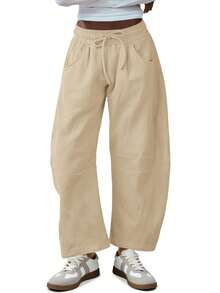 Women's Barrel Leg Sweatpants - Drawstring Elastic Waist Wide Leg Casual Pants With Pockets, Comfortable Lounge & Active Wear For Everyday Style - Khaki - View 5