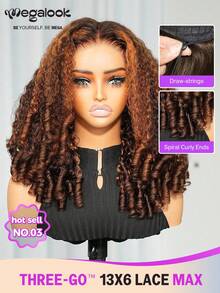 MEGALOOK Dark Brown With Highlights Jerry Curly With Finger Coil Ends - 13x6 Three-Go™ Glueless Wigs Drawstring Cap 100% Human Hair Ear-To-Ear Lace Front Wig Pre-Cut Lace Glueless Wig Natural Hairline Curly Wig - S4/30 - View 2