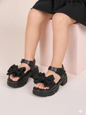 1 Par de Sandálias Romanas de Praia com Plataforma Grossa, Design de Laço de Chiffon Fofo e Fecho de Gancho e Argola, Design à Prova d'Água, Estilo Retrô para Férias, Adequado para Meninas de 3 a 15 Anos, Versátil para Uso Casual e Viagens de Verão