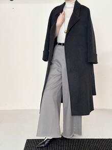 Women's Lapel Belted Double-Faced Wool Coat With Pockets, Suitable For Autumn/Winter - Black - View 5