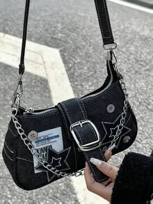 Y2K Star &Y2K Fashionable Multi-Functional Star & Moon Design Unique Pink Chain Decor Crossbody Bag, Ladies Baguette Bag, Niche Design, Steampunk, Gothic, Ladies Bag, Cool Girl Streetwear, Music Festival, Party, Ladies Rock Style Bag Suitable For Girls'' Street Style, Celebrity Same Style Printed Female Shoulder Bag, Y2k Bag, Gothic Punk Bag For Women, 2000s Fashion Style Bag For Women,Christmas Outfit,,Christmas Campus,,Holiday Travel,Christmas Party - màu đen - Xem 12