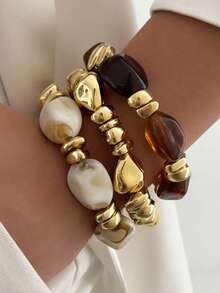 3 pièces Bracelet en résine acrylique marron vintage multicouche, bracelet CCB asymétrique surdimensionné, set de bracelets empilables, convient pour les femmes, les couples, les fêtes, les vacances, le port quotidien - Multicolore - Voir 14