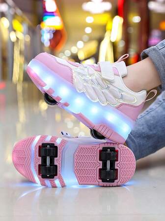 Girls' 4-Wheel Roller Skate Shoes, New Fashion Adjustable Hook And Loop Roller Skates, PU Leather Lightweight Durable Double Wheel Invisible Roller Shoes, All Season LED Light Up Shoes With USB Charging, Convertible Roller & Ice Skates