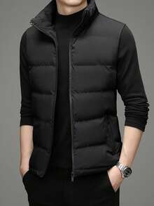 Men Long Sleeve Zip Up Puffer Vest Coat, Fall/Winter - Black - View 1