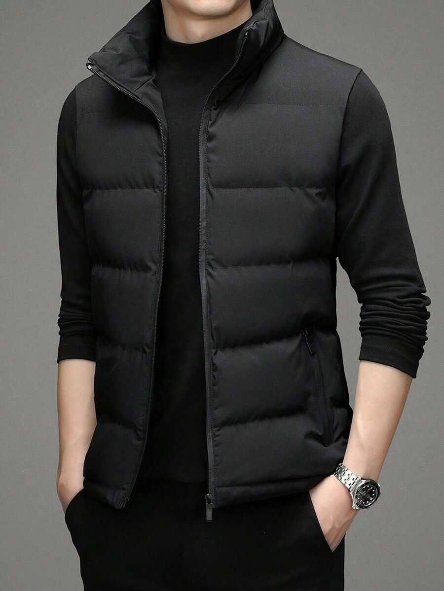 Men Long Sleeve Zip Up Puffer Vest Coat, Fall/Winter - Black - View 1