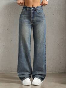 女童宽松多口袋牛仔裤 - 中等水洗藍 - 查看 1