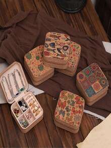 1 pieza/Bolsa organizadora de joyas de estilo vintage con asa de PU, bolsa de almacenamiento de joyas, pequeña caja de joyas de viaje, estuche de joyas, bolsa de cuero PU con cuatro cremalleras para mujeres y niñas, regalo del Día de San Valentín, regalo de boda, regalo de cumpleaños, caja de regalo para almacenamiento de relojes, aretes, collares y anillos, decoración de habitación, caja de regalo de Navidad, accesorio de tocador, artículo esencial de vanidad