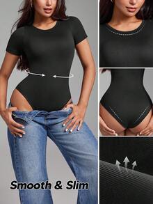 Mono acanalado, mono moldeador para el Día de San Valentín para mujer, control de abdomen, parte superior de manga corta - Negro - Ver 6
