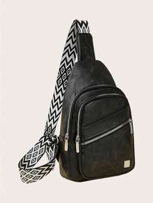 Nova bolsa transversal retrô, moderna, clássica e versátil, em tecido PU impermeável de cor sólida, com várias camadas. Possui bolso embutido, diversos compartimentos com zíper e um orifício externo para fones de ouvido. A alça de ombro com estampa de diamante é ideal para viagens, compras, uso como bolsa transversal e também como bolsa esportiva para atividades ao ar livre. - Preto - Ver 4