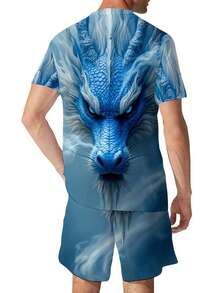 Men's 2pcs Dragon Print Athletic Set - Quick-Dry Breathable Full-Body Blue Dragon Scale Design T-Shirt & Matching Shorts, All-Season Gym, Outdoor, Beach & Casual Wear - Training Suit For Men (Regular Fit, Easy Care) - Ideal For Hiking, Running, Parties & Everyday Use - Dragon-Themed Outfit With Round Neck & Hand Wash/Dry Clean Care - Perfect For Fitness, Sports & Casual Outings, Outdoor Activewear, Lightweight Material, Easycare Fabric, Gym Enthusiasts - 彩色 - 查看 3