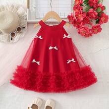 Vestido casual de niña con cuello redondo, sin mangas, de unicolor, con volantes de malla en el bajo - Burdeos - Ver 2