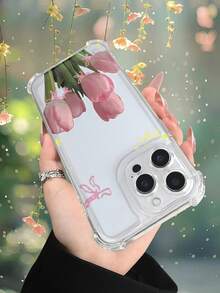 1 pieza Funda de teléfono con diseño de tulipanes rosados con lazos y detalles florales, estilo romántico y primaveral, funda transparente resistente a golpes, ligera y con corte preciso, compatible con iPhone 17/16/15/14/13/12/11/XS/XR/X/PLUS/PRO/PROMAX, compatible con Galaxy A34/A35/A54/A55, Galaxy S20/S21/S22/S23/S24 Ultra/Plus, compatible con Moto/Galaxy/Redmi/Honor/OPPO, regalo de fiesta - transparente - Ver 7