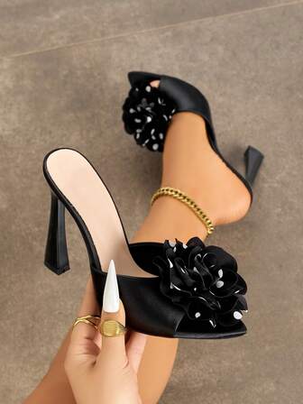 Damhöga klackar, Lämpliga för vår-/sommarfester, Utomhustillfällen, Moderiktiga societetskvällar, Lyxiga banketter, Elektropläterade tjocka höga klackar, Spetsig tå, Svart, Blommigt rosa, Högkvalitativt mjukt satinmaterial, Sexiga slip-on-slip-ons, Eleganta lyxiga, Svarta skor, Sexig midja, Bred vamp, Catwalk, Vardagsrum, Utomhuspromenader, Resor, Avantgardetofflor, Damsocietetsbalfest, Bekväma stabila höga klackar