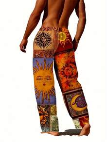 Men's Bohemian Print Full-Body Sun & Moon Design Wide-Leg Pants - Elastic Drawstring Waist & Side Pockets, Loose-Fit Winter Warmth, Vibrant Brown/Orange/Blue/Golden/Black/Red/Beige Tapered Leg Trousers For Casual & Formal Outfits, Machine Washable - Ideal For Home & Wear, Relaxed Fit With Cultural & Bohemian Style, Digital Print Fabric, Suitable For Autumn/Winter Use, Pants For Men, Suit For Men, Men Pants, Baggy Pants Men, Baggy Pants For Men, Trousers For Men, Fall Coat, - 彩色 - 查看 6