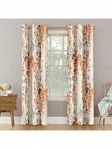 2PCS. Digital  Printed Curtains In A Vintage Country Style, Featuring Watercolor Floral Elements. The Grommet  Top Design Allows Easy Installation. Suitable Spaces Such As Living Rooms, Bedrooms, And Studies, Adding An Elegant Charm To Home Decor. - 杏色 - 查看 9