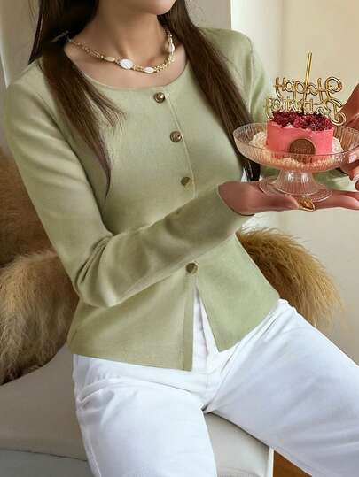 Live To Mo 秋季女装橄榄绿色长袖纽扣装饰开衫 - 商务休闲女装，适合办公室和日常穿着