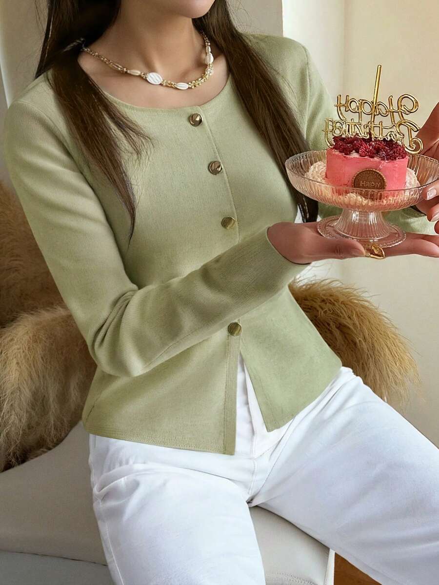 Live To Mo 秋季女装橄榄绿长袖开衫，饰有纽扣 - 商务休闲女装，适合办公室和日常穿着 - 綠色 - 查看 1