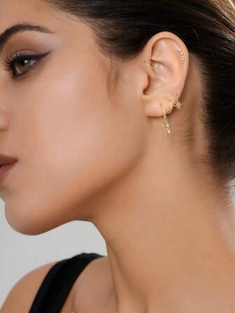 1 Set Fashionable & Elegant Casual 18K Gold Plated Star Geometric Chain Earrings Set, Suitable For Party, Daily Wear, Gift For Friends, Holiday, Birthday