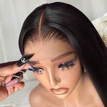 200 Density 13x4 Transparent HD Lace Frontal Wigs Human Brazilian Hair 34Inch Natural Black Long Straight Hand Weaves Blended Human Hair Pre Plucked Hairline & Pre-Bleached Invisible Knots Suitable For To Wear On Daily Or Holiday Occasions Wig - Natural & Black - View 2