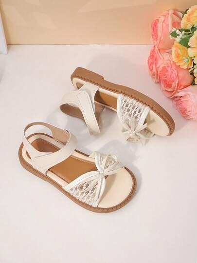 1 Pair, Girls' Sandals, Lace Bow Decoration, Faux Leather Material, Non-Slip & Comfortable, Open-Toe Low-Top Hook And Loop, Platform Soft Sole, Sweet Princess-Style Sandals, Summer Party/Daily Street Style