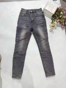 冬季保暖内衬洗水牛仔紧身裤 - 灰色 - 查看 3