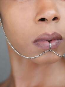 1pc Fashionable Silver Metal Chain Lip Stud, Rhinestone Tassel Face Jewelry, Gothic Style Accessory - Silver - View 12