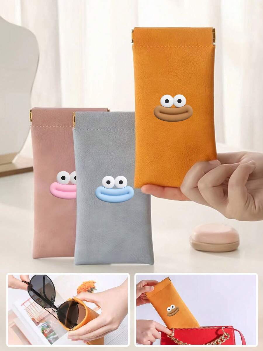 1pc Soft Faux Leather Glasses Case With Cartoon Sausage Mouths Stickers- Portable & Protective Pouch For Eyeglasses, Business Leather Glasses Case, Travel Leather Glasses Case, Cute Glasses Case, Vintage Leather Glasses Case, Glasses | Sleek Solid Color Design | Ideal For Storage & Accessories
