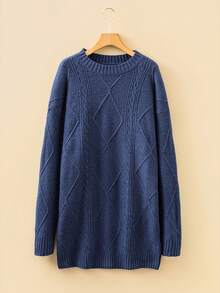 Acelitt Autumn/Winter Women's Solid Color Knitted Textured Pattern Dropped Shoulder Oversized Sweater Dress, Order One Size Down Vacation - Blue - View 7