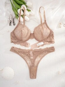 1 Bộ đồ lót ren trơn màu không dây thoải mái cho nữ - Lạc đà - Xem 4