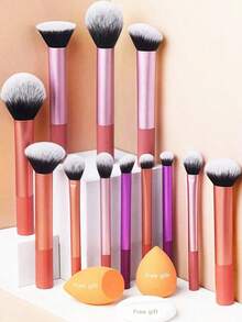 12pcs Multi-Functional Makeup Brush Set Including Powder Brush, Blush Brush, Foundation Brush, Eyeshadow Brush, Blending Brush, Contour Brush, Along With An Oblique Cut Makeup Sponge, Rounded Makeup Sponge, And White Powder Puff,Summer Style, Back To School - Multicolor - View 12