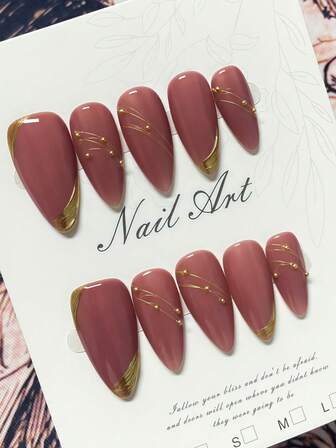 10-Piece Handmade Press-On Nail Art Set, Cute Nail Art, Y2K Style, False Nails, Short Nails, Almond-Shaped Nails, Metallic Line Decorations, High-End Quality, Reusable. Suitable For Girls' Everyday Nail Art And Date Nail Art, Includes Gel Polish And Nail File.