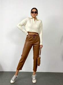 Women's Black PU Leather Tapered Pants With Drawstring And Pockets Casual Elegant Style Medium Stretch Long Cropped - Brown - View 5